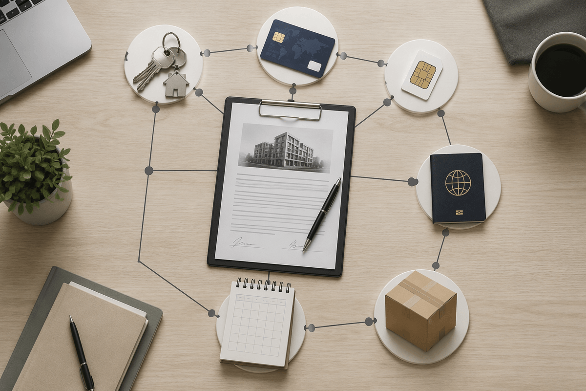 Set up housing, documents, and logistics